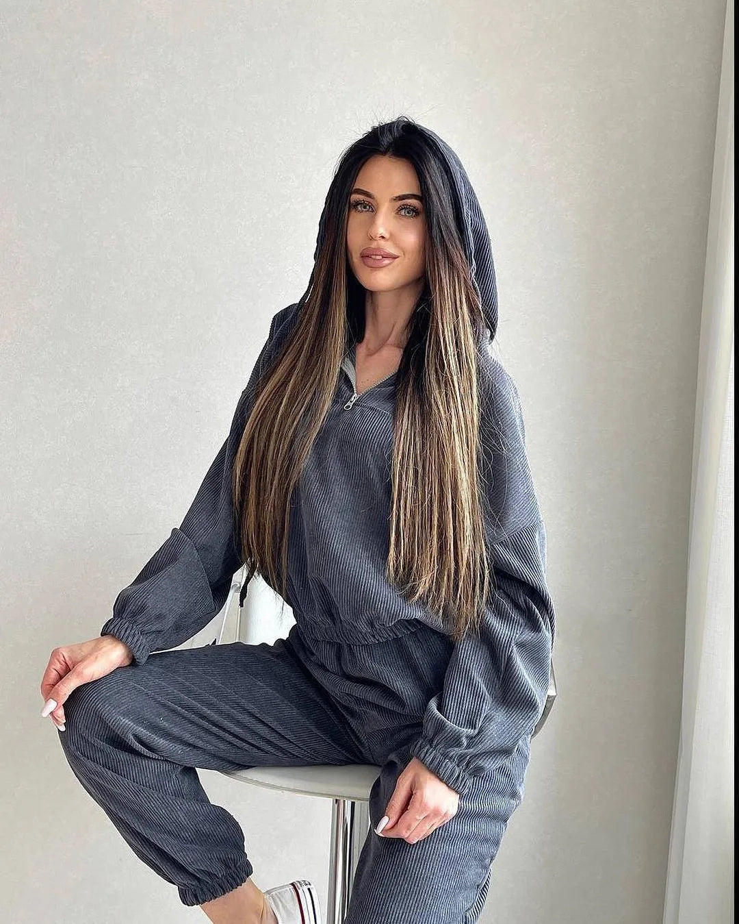 Hooded Drawstring Top Long Pants Two Piece Set Ladies