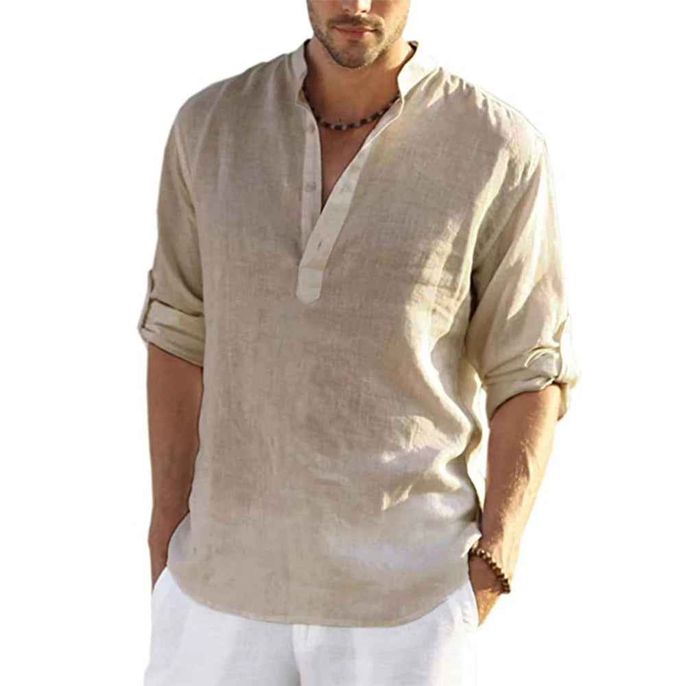 Men's Cotton Linen Casual Shirt Long Sleeve Stand Collar