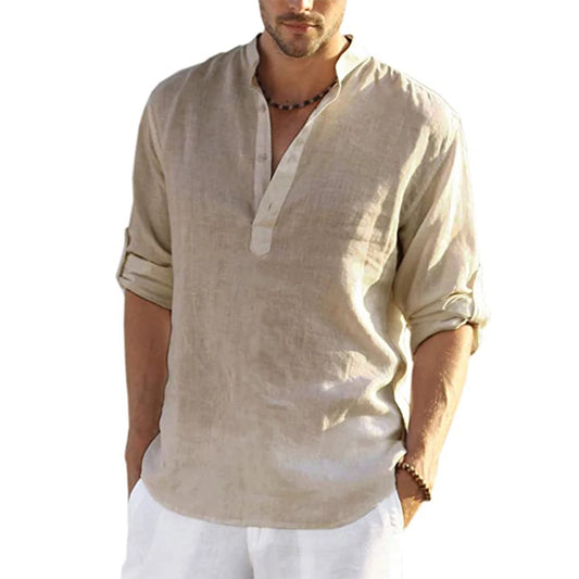 Men's Cotton Linen Casual Shirt Long Sleeve Stand Collar