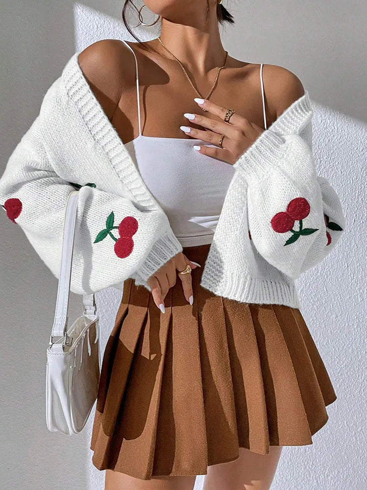 Fashionable Low Shoulder Cherry Embroidery Cardigan Womens