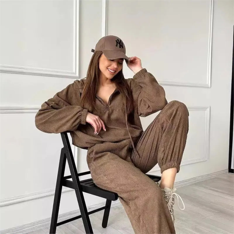 Hooded Drawstring Top Long Pants Two Piece Set Ladies