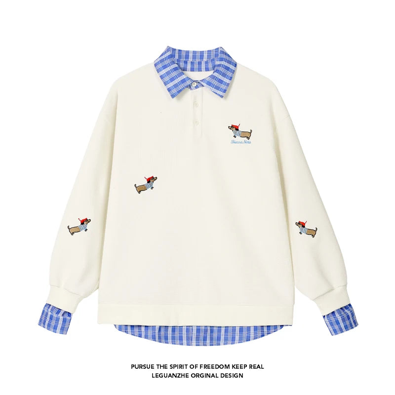 Plaid Patchwork Polo Collar Hoodie Sweatshirt Men Women