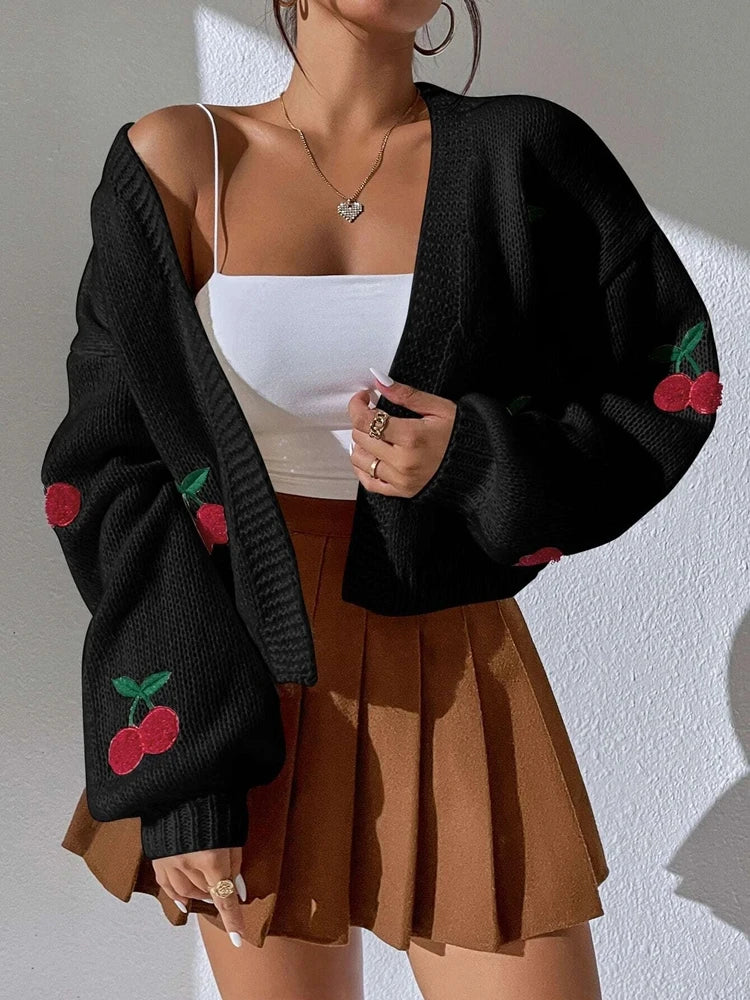 Fashionable Low Shoulder Cherry Embroidery Cardigan Womens