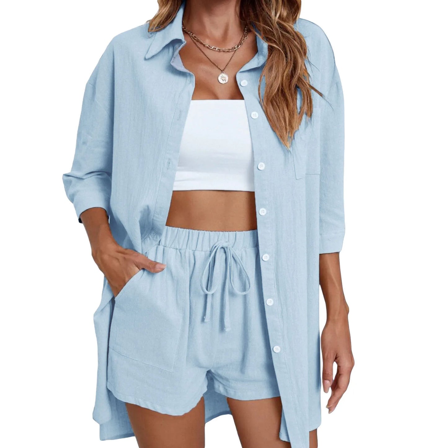 Womens Casual 2 Loungewear Set Short Sleeve Shirt Shorts