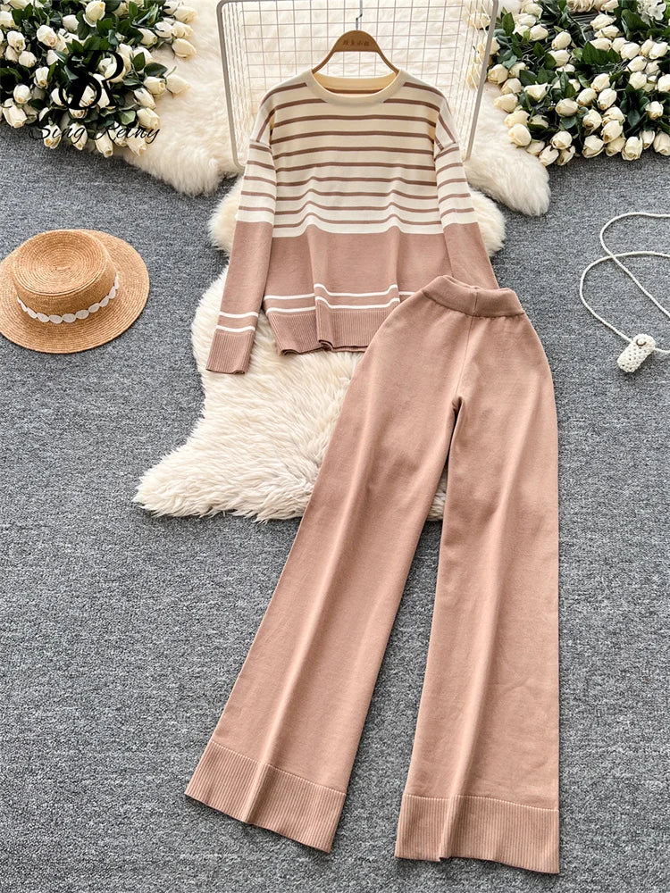 Autumn Women Striped Two Piece Knit Sweater Set O Neck