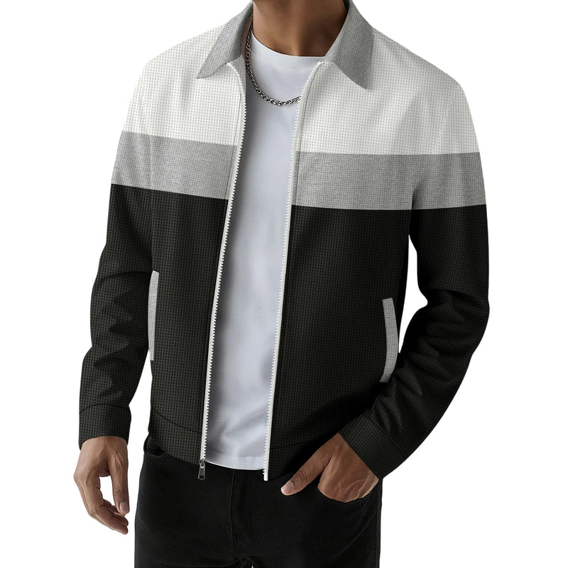 Mens Zip Up Jacket Patchwork Pockets Lapel Collar Outerwear