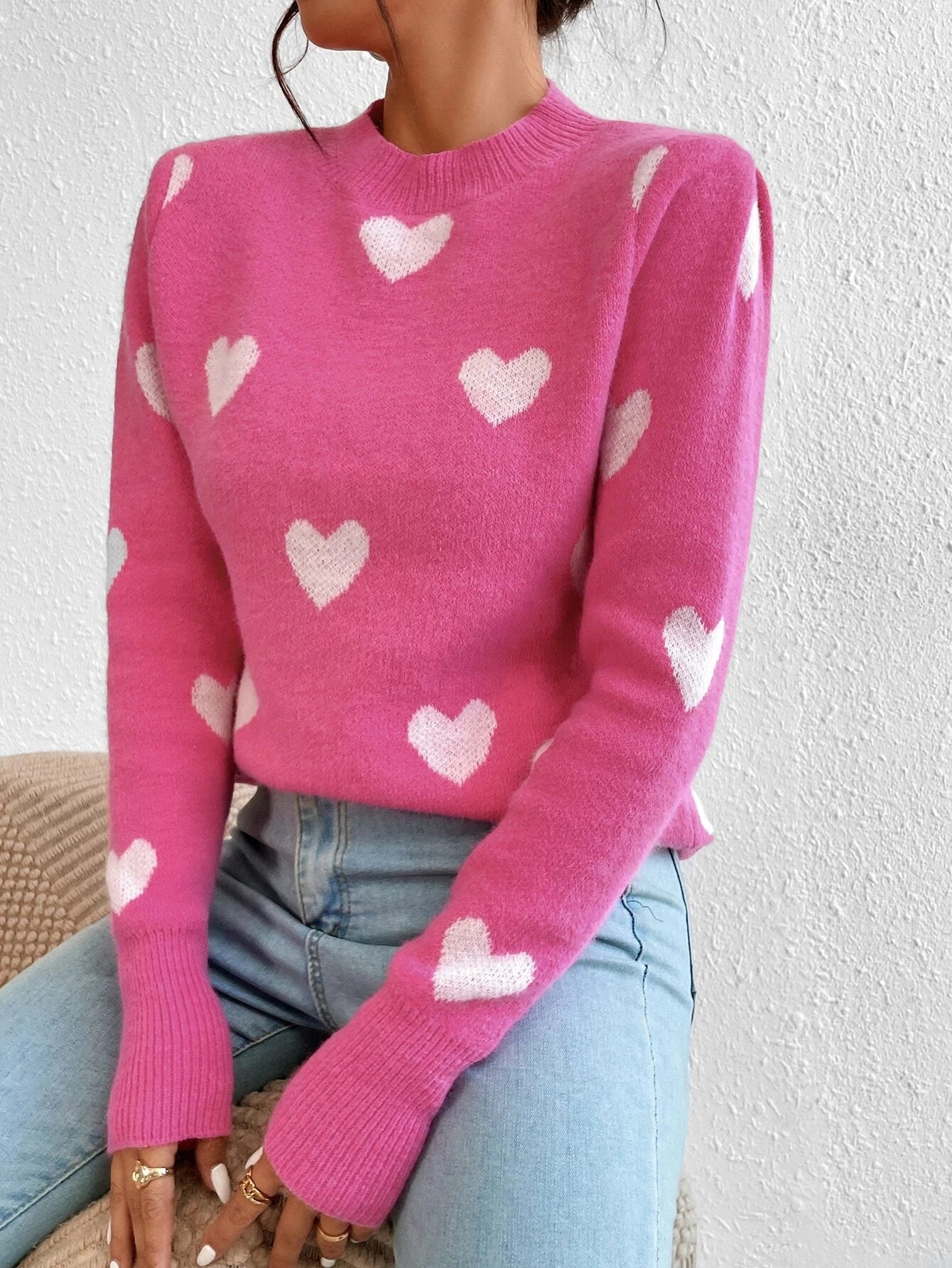 Women's Chic Blue Heart Pattern Crew Neck Sweater - Cozy Long Sleeve Knit Pullover, Soft Acrylic/Nylon Blend, Perfect for Fall &
