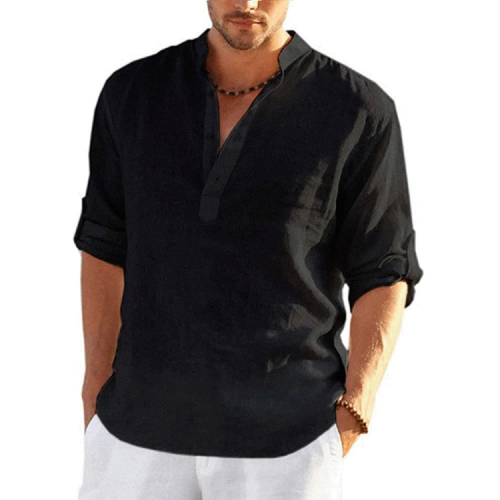 Men's Cotton Linen Casual Shirt Long Sleeve Stand Collar