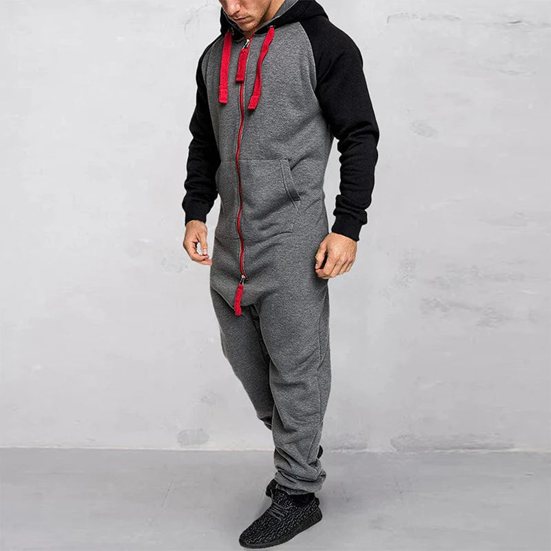 Men s Hooded Jumpsuit with Front Zipper and Pockets Long Sleeve Romper for Winter and Fall Full Length Contrast Design