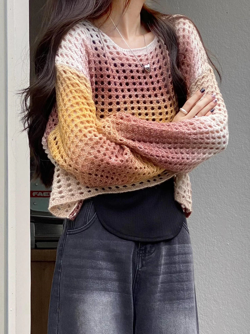 Boho Riche Gradient Round Neck Sweater For Women Pullover