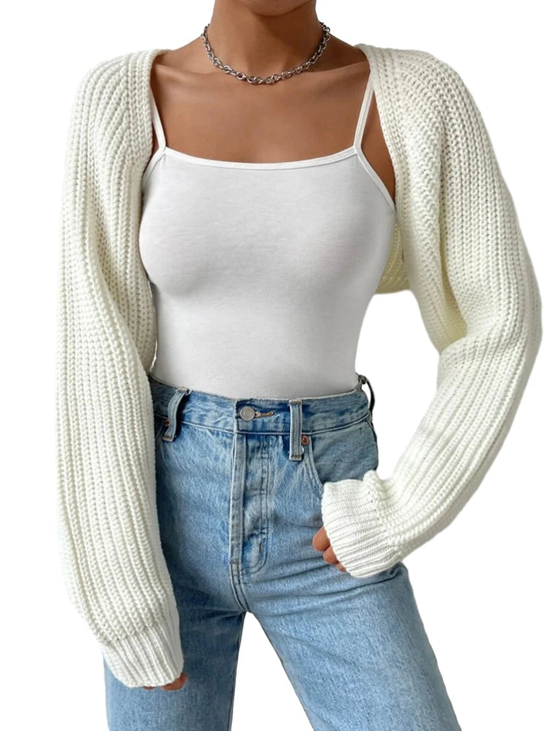 Women Open Front Cropped Cardigan Long Sleeve Knit Shrug