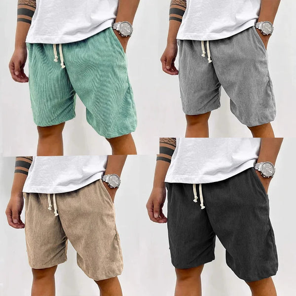 Mens Corduroy Casual Shorts Elastic Waist Summer Style