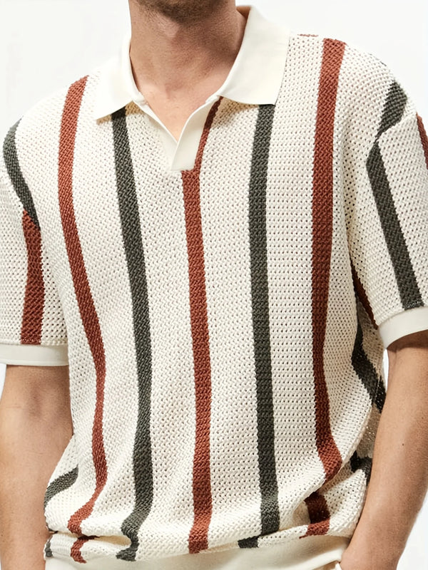 Men's Summer Chunky Knit Short Sleeve Polo With Stripes