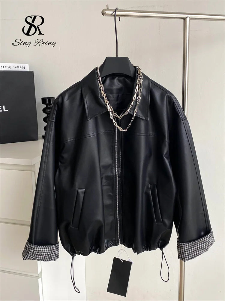 Singreiny Moto Biker Windbreaker PU Leather Jacket Style