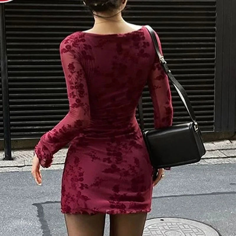 Wine Red O Neck Knit Dress For Women Long Sleeves Print