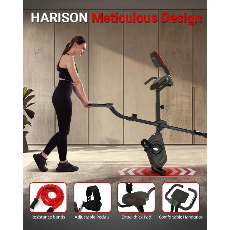 Folding Exercise Bike 350 LBS Capacity, 5 in 1 Bluetooth Stationary Bikes , Magnetic X-Bike with LCD Monitor & Back Support