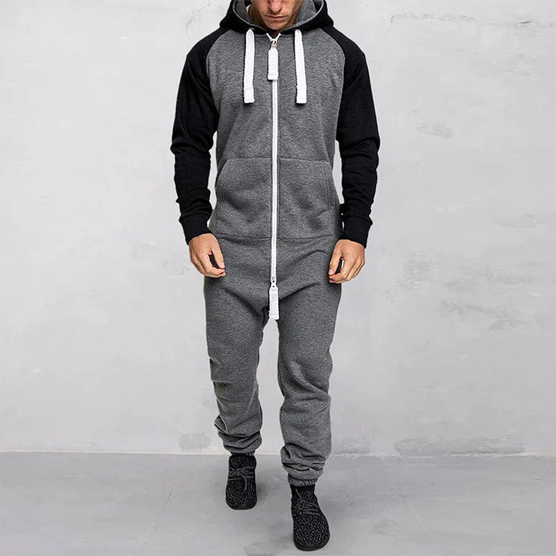 Men s Hooded Jumpsuit with Front Zipper and Pockets Long Sleeve Romper for Winter and Fall Full Length Contrast Design