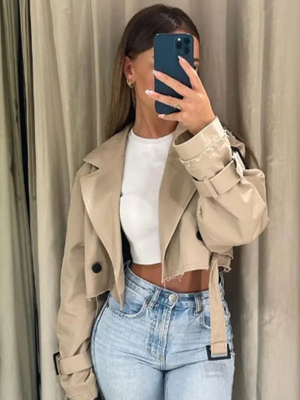 Cropped Trench Coat Women Belt Double Breasted Spring