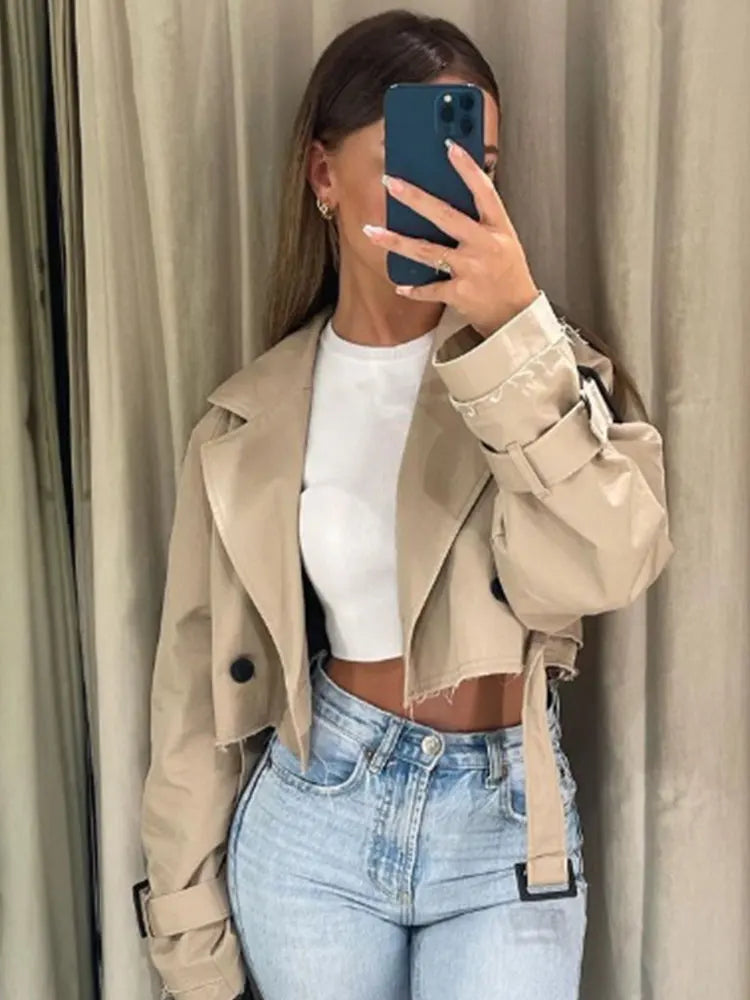 Cropped Trench Coat Women Belt Double Breasted Spring