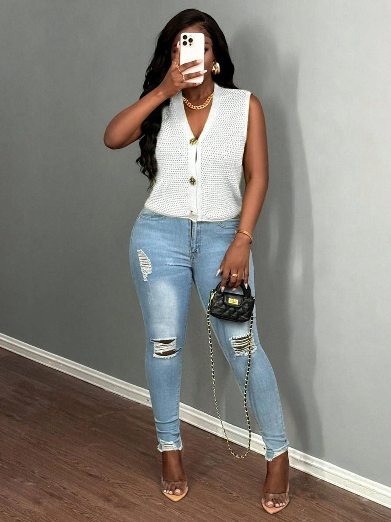 Autumn Winter Slim Fit Knit Vest Cardigan For Women V Neck