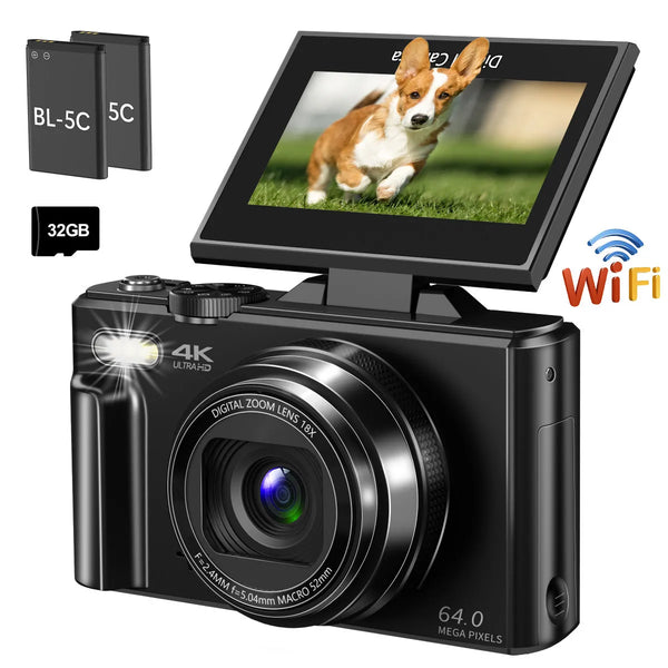 4K Compact Digital Camera with 18x Zoom and Flip Screen