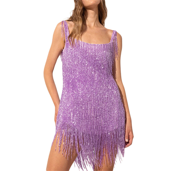 Elegant Womens Sleeveless Sequin Tassel Halter Velvet Dress