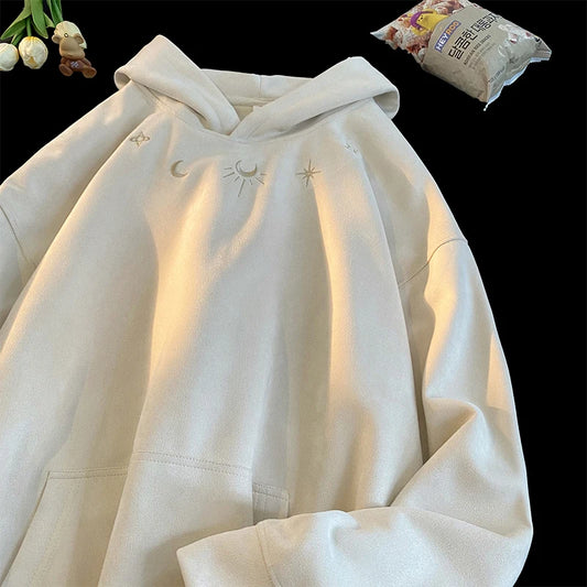 Mens Suede Hoodie Gothic Embroidered Pattern Streetwear