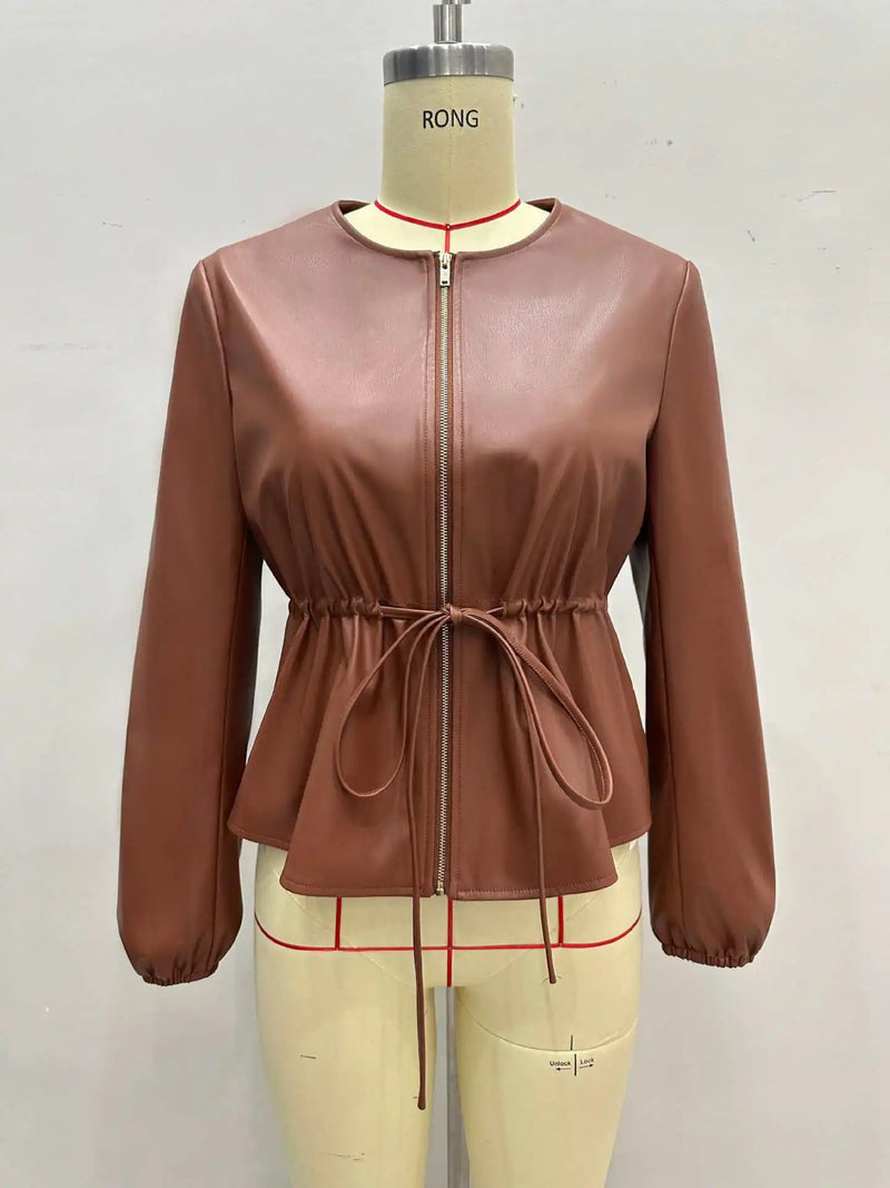Brown PU Leather Jacket Women Y2K Zipper Cropped Outwear