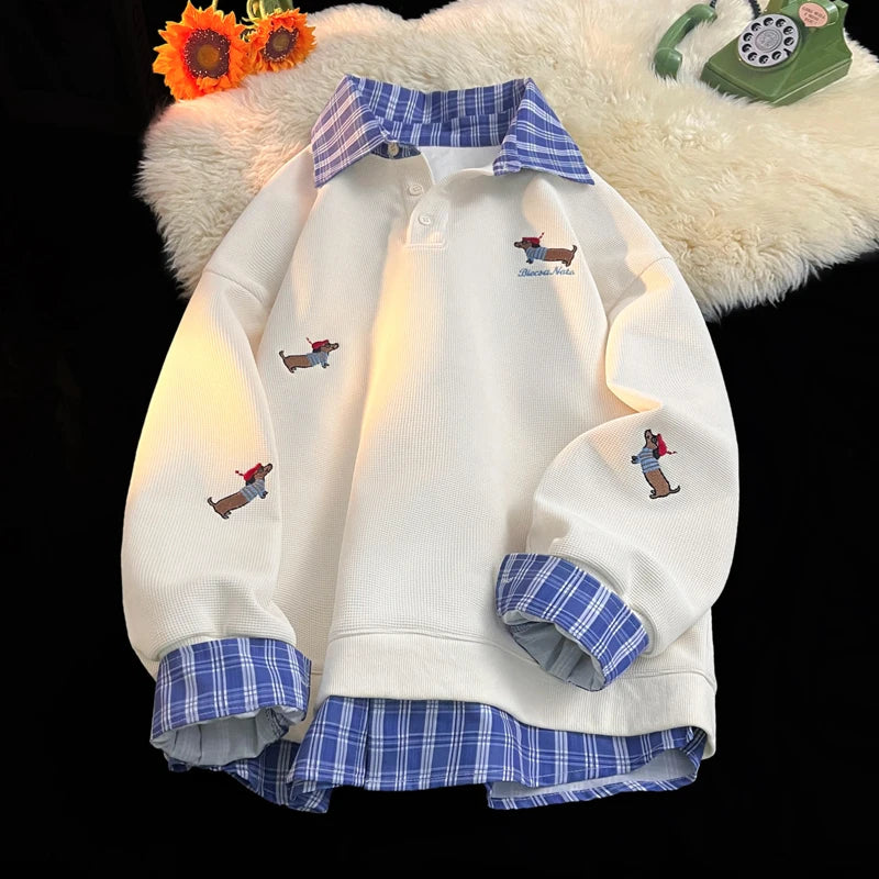 Plaid Patchwork Polo Collar Hoodie Sweatshirt Men Women