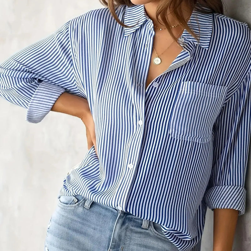 Womens Striped Shirt With Pockets Long Sleeves All Seasons