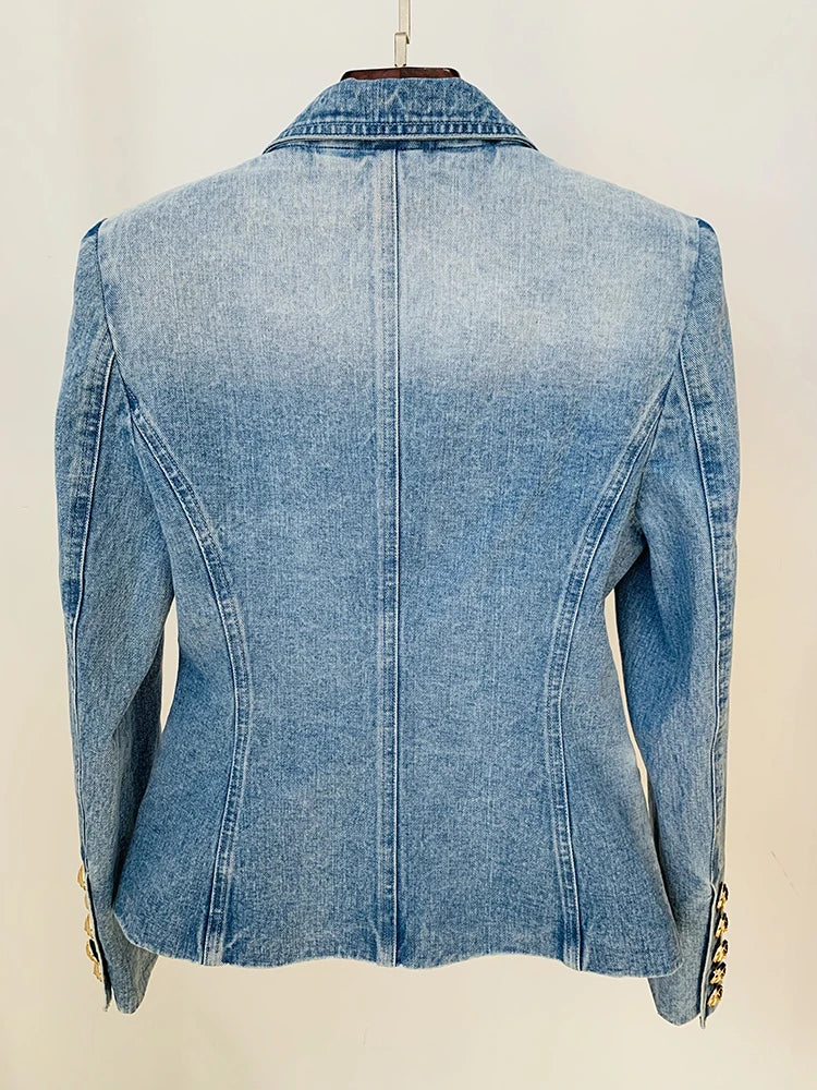 High Street Denim Blazer Women Double Breasted Lion Buttons