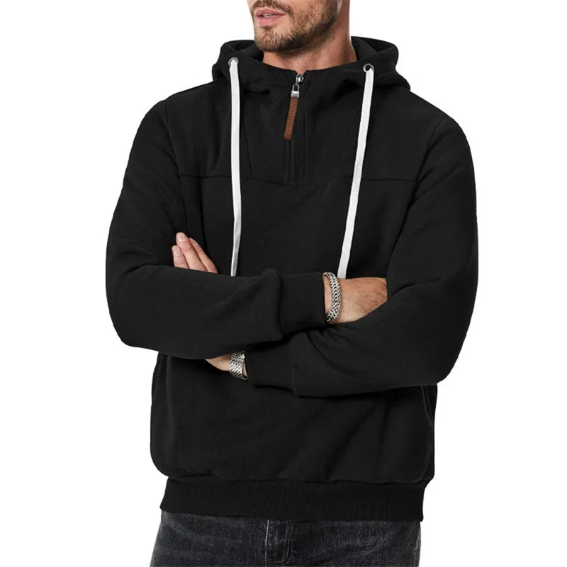 Men s Lightweight Hooded Sweatshirt with Solid Color and 1 3 Zipper Closure Long Sleeve Pullover for Fall Streetwear Style