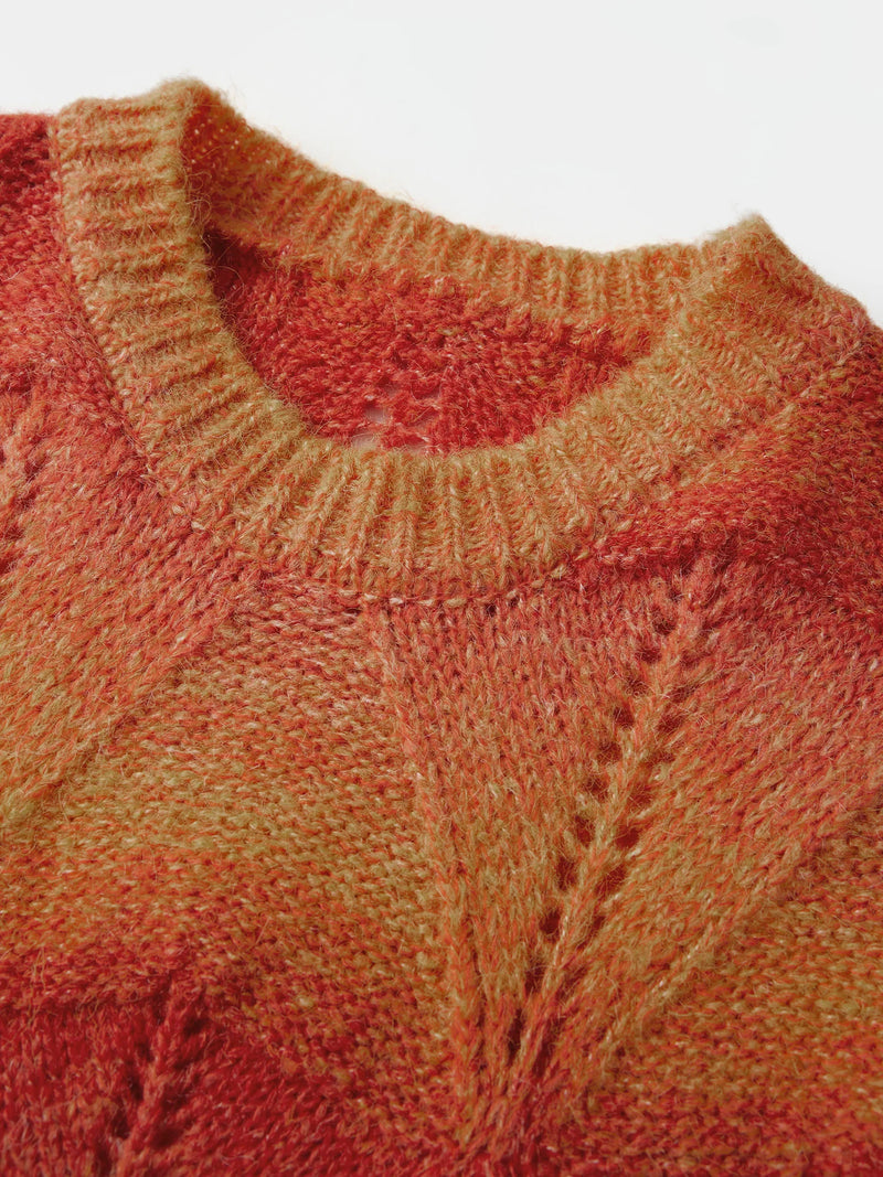 Women Cable Knit Ombre Color Block Chunky Sweater Pullover