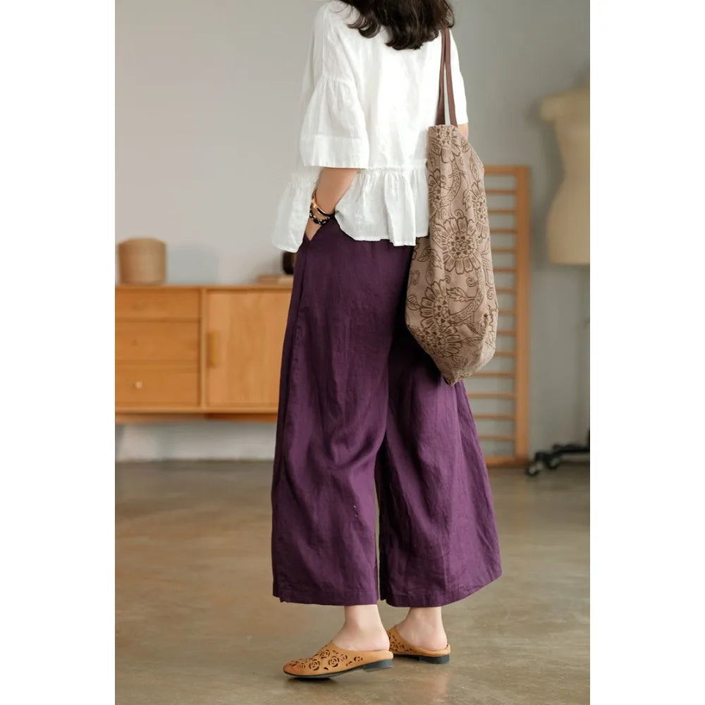 Casual Loose Wide Leg Cotton Linen Joggers For Women