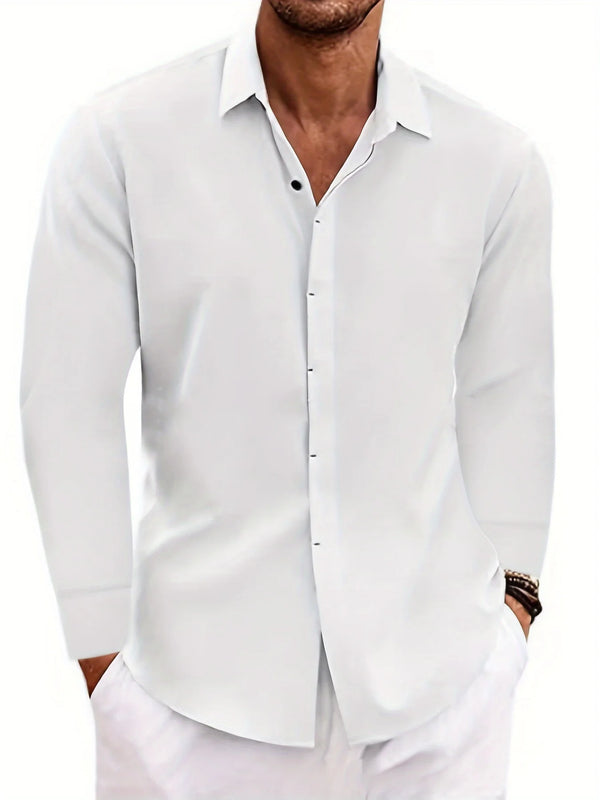 Mens Linen And Cotton Long Sleeve Shirt Solid Color Casual