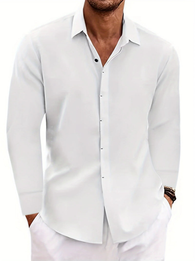 Mens Linen And Cotton Long Sleeve Shirt Solid Color Casual