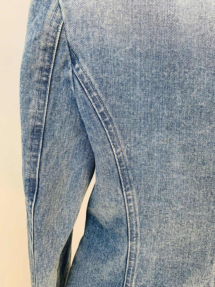 High Street Denim Blazer Women Double Breasted Lion Buttons