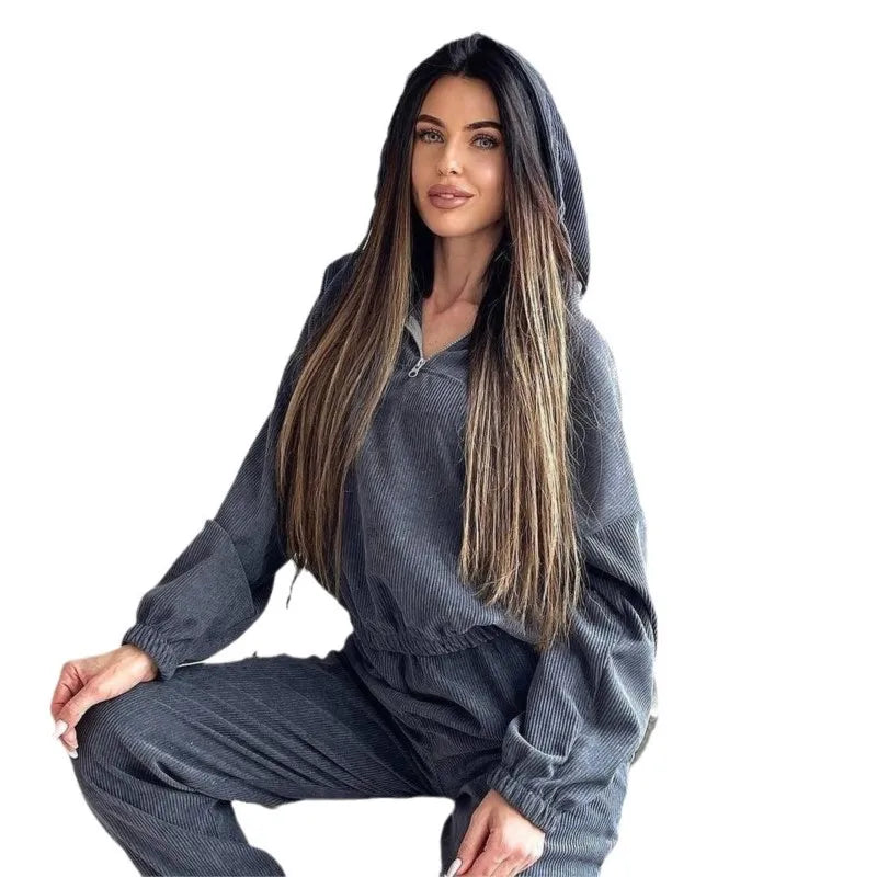 Hooded Drawstring Top Long Pants Two Piece Set Ladies