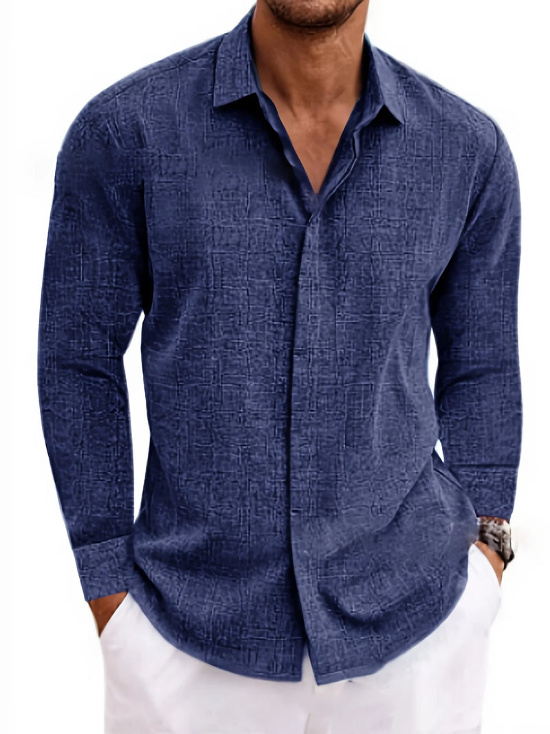 Mens Linen And Cotton Long Sleeve Shirt Solid Color Casual