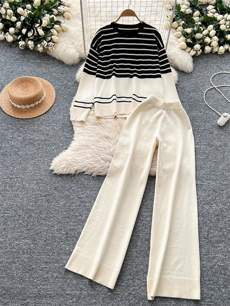 Autumn Women Striped Two Piece Knit Sweater Set O Neck