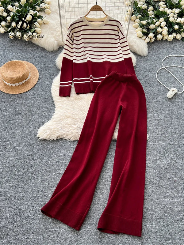Autumn Women Striped Two Piece Knit Sweater Set O Neck