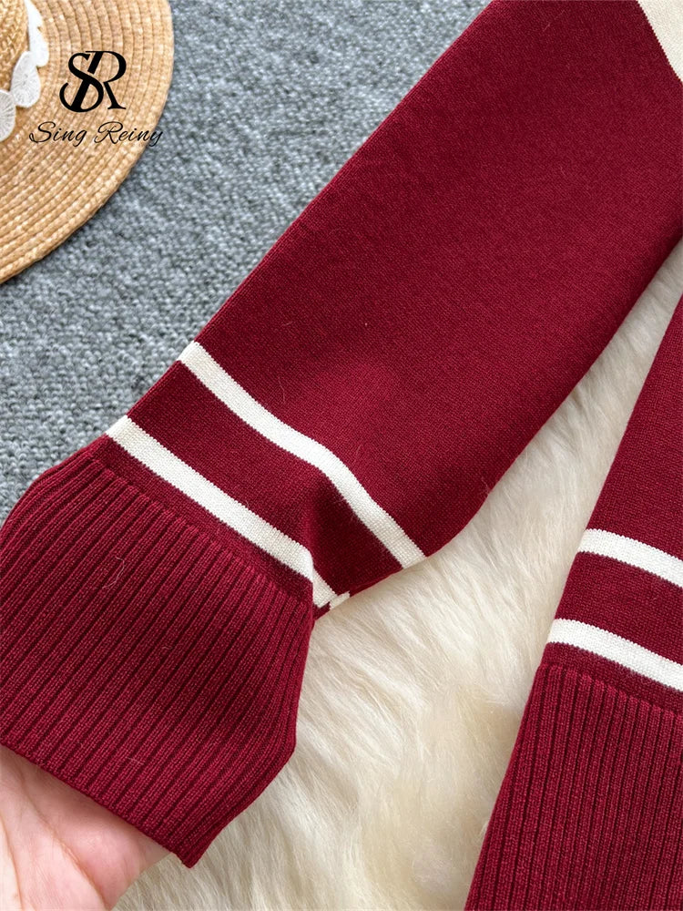 Autumn Women Striped Two Piece Knit Sweater Set O Neck