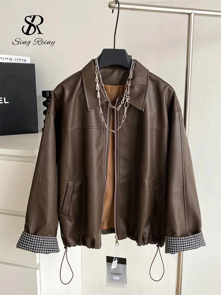 Singreiny Moto Biker Windbreaker PU Leather Jacket Style