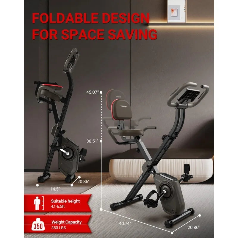 Folding Exercise Bike 350 LBS Capacity, 5 in 1 Bluetooth Stationary Bikes , Magnetic X-Bike with LCD Monitor & Back Support