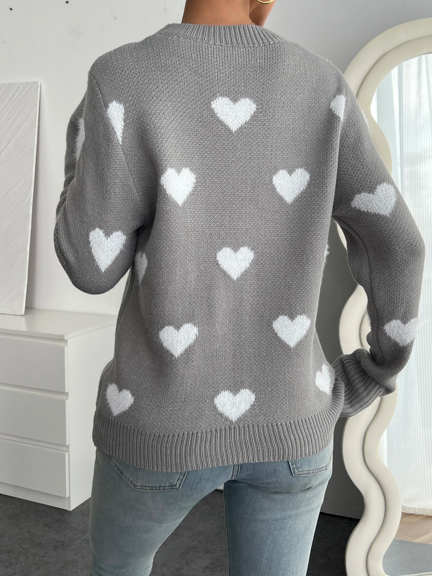 Women's Chic Blue Heart Pattern Crew Neck Sweater - Cozy Long Sleeve Knit Pullover, Soft Acrylic/Nylon Blend, Perfect for Fall &