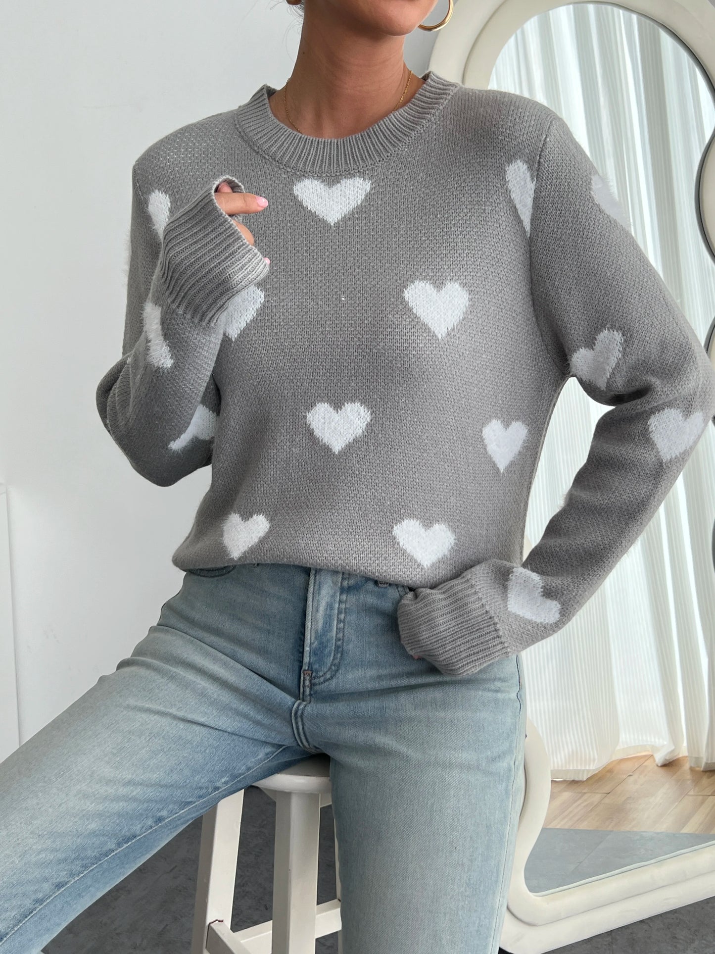 Women's Chic Blue Heart Pattern Crew Neck Sweater - Cozy Long Sleeve Knit Pullover, Soft Acrylic/Nylon Blend, Perfect for Fall &