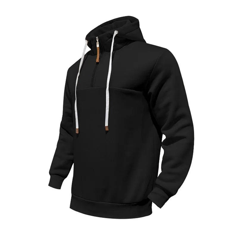 Men s Lightweight Hooded Sweatshirt with Solid Color and 1 3 Zipper Closure Long Sleeve Pullover for Fall Streetwear Style