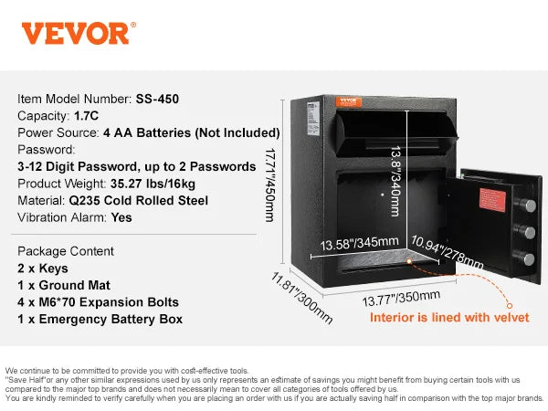 VEVOR 1.7 Cub Depository Safe Deposit Safe Electronic Code Lock & 2 Keys Business Drop Slot Safe for Cash Mail in Office Hotle