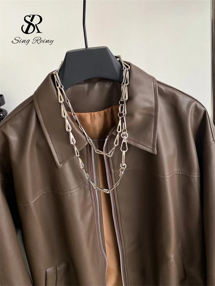 Singreiny Moto Biker Windbreaker PU Leather Jacket Style