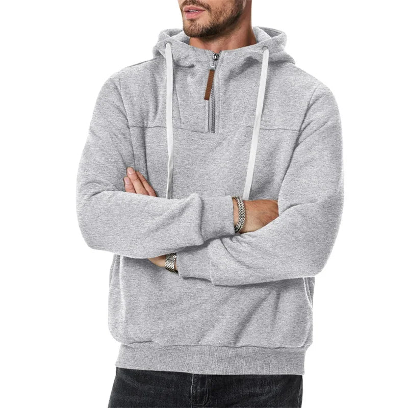 Men s Lightweight Hooded Sweatshirt with Solid Color and 1 3 Zipper Closure Long Sleeve Pullover for Fall Streetwear Style